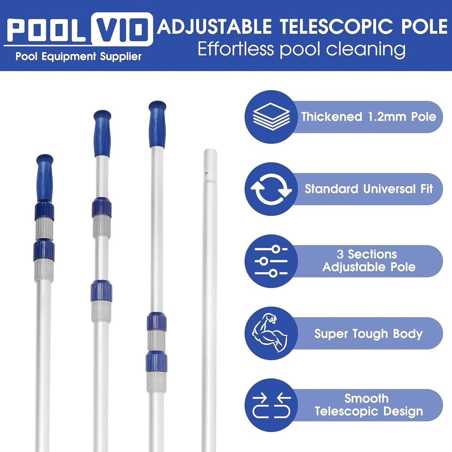 Poolvio 15 FT Telescopic Pool Pole - Adjustable Aluminum Skimmer Pole with Strong Grip & Lock