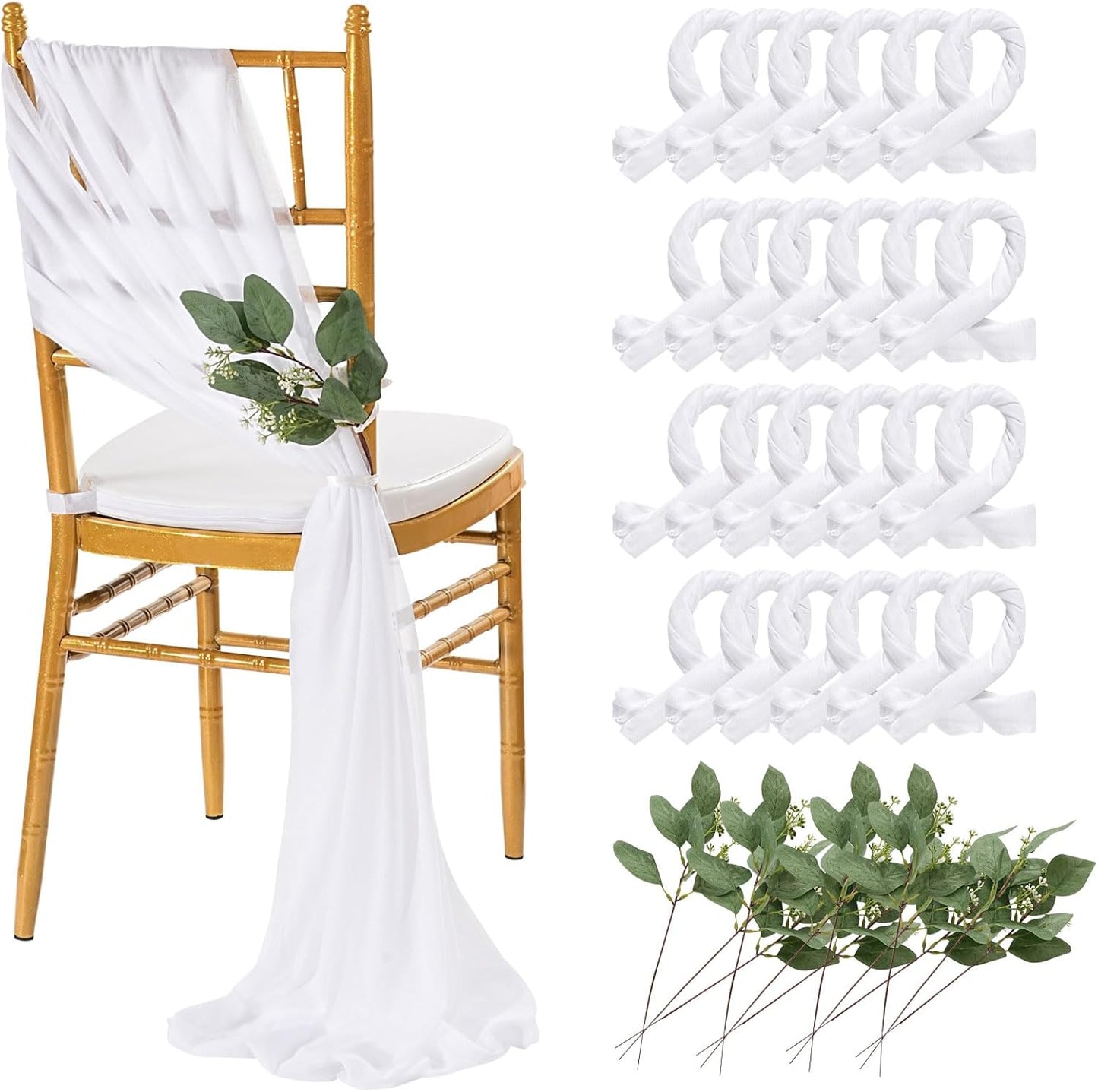QueenDream Chair Sashes - Elegant White Draping Fabric for Weddings | 24 Packs, 8ft Long