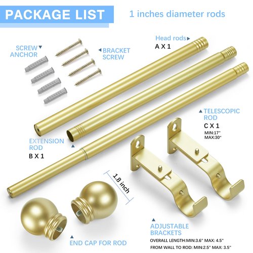 AMZSEVEN Curtain Rods for Windows 16 to 48 Inches, Curtain Rod Max Adjustable Length of 60 IN, 1" Diameter Drapery Rods Round Finials, Warm Gold, Pack of 1