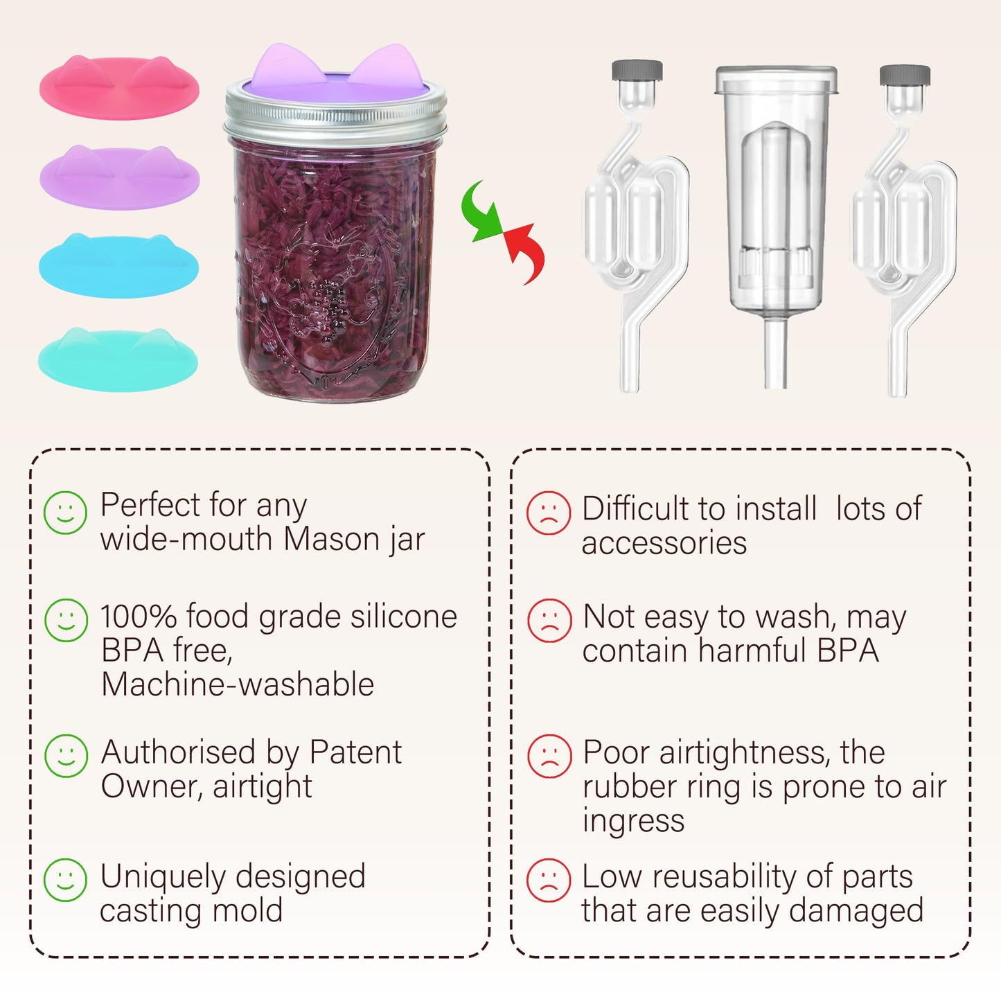 Wingcases Fermentation Lids Silicone Waterless Airlock, Suitable for Wide Mouth Mason Jars - For Making Pickled and Fermented Probiotic Foods, 4 Pack, Translucent Colors