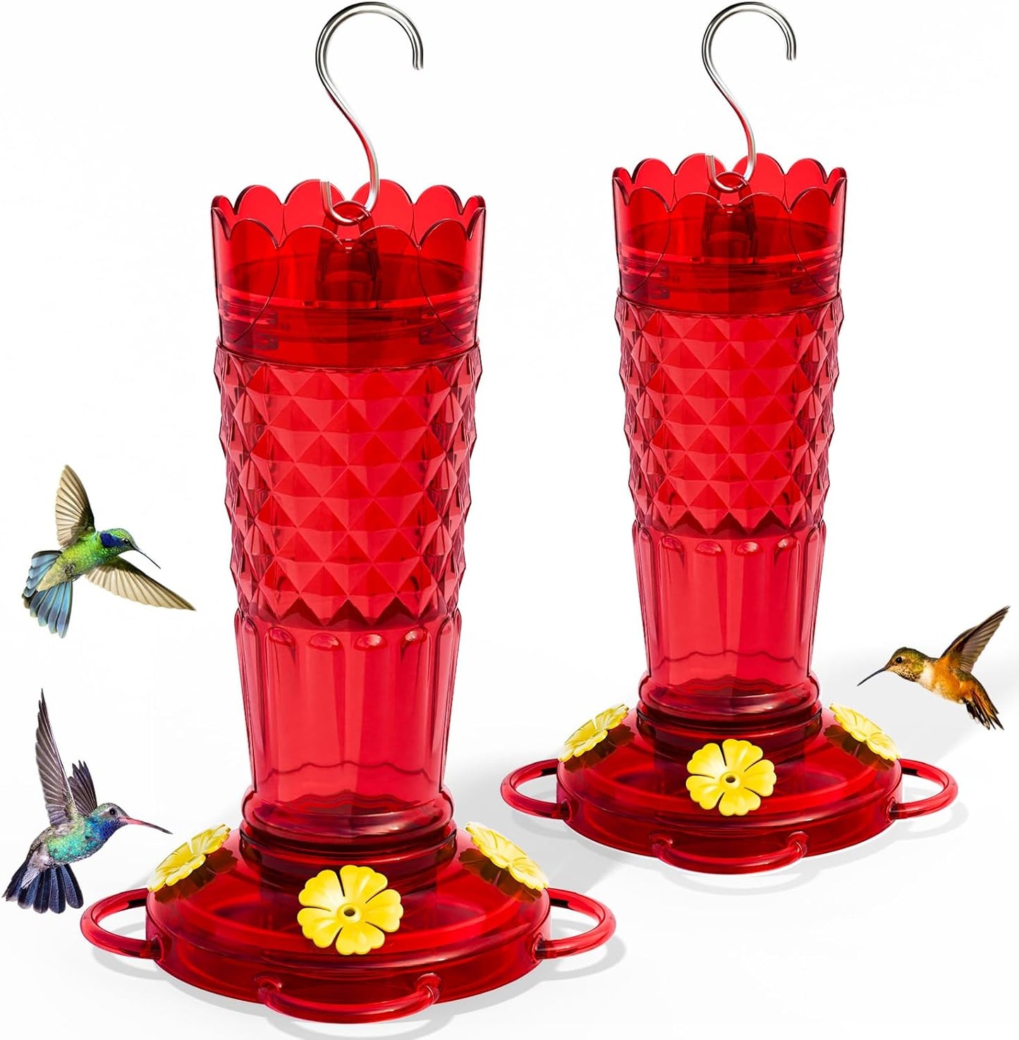 Skiennix Hummingbird Feeders - 14oz Ant & Bee Proof Design | 4 Feeding Ports for Outdoor Garden Decor, Red - 2 Pack