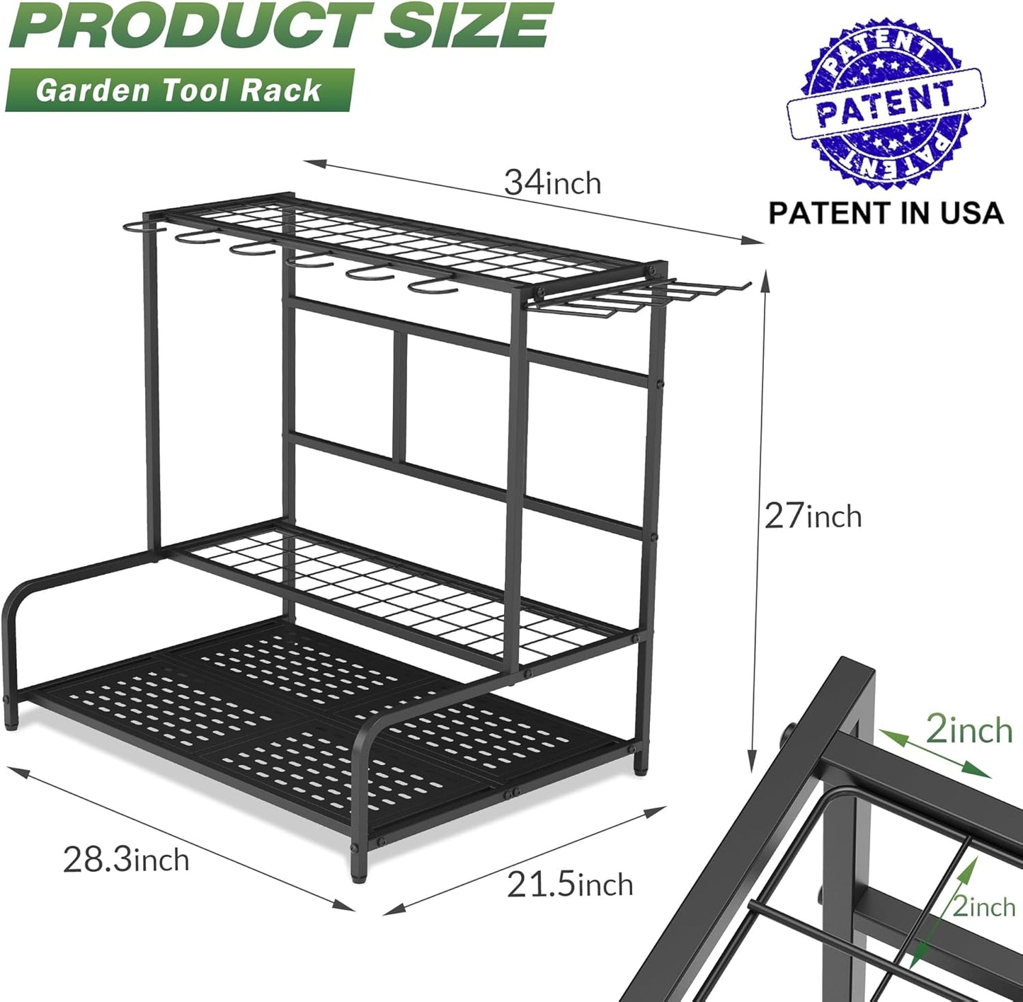 Sttoraboks Garden Tool Organizer Rack - Heavy-Duty Steel for Up to 39 Tools | 12 Hooks & Broom Holder, Black