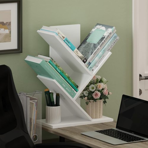Furinno Tree Bookshelf - 3-Tier Angled Open Bookcase for Stylish Room Decor | White, 8.4 x 15.7 x 21.3 Inches