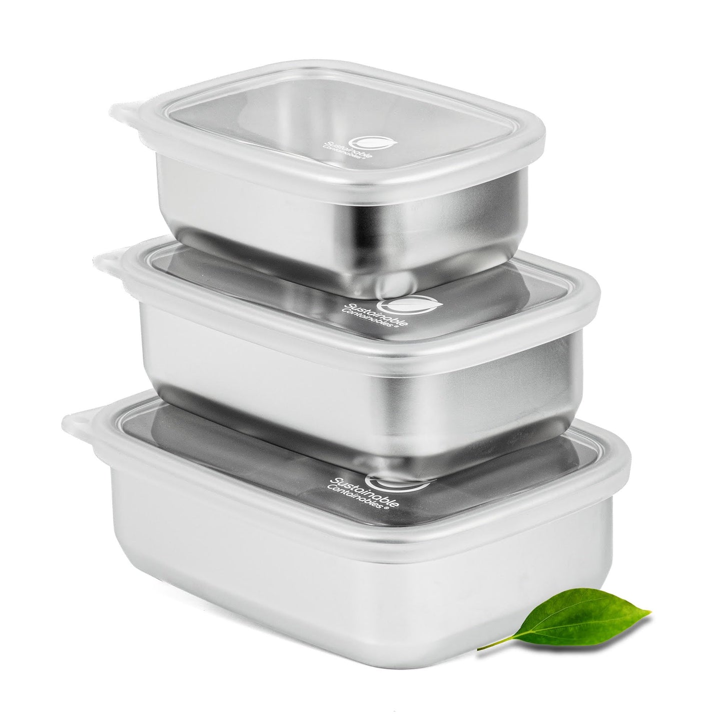 Sustainable Containables Stainless Steel Food Storage Containers with Clear Platinum Silicone Lids, Airtight, Leakproof 18/8 (304) Food Grade SS Nested 3Pk 20/30/40 oz Plastic-Free