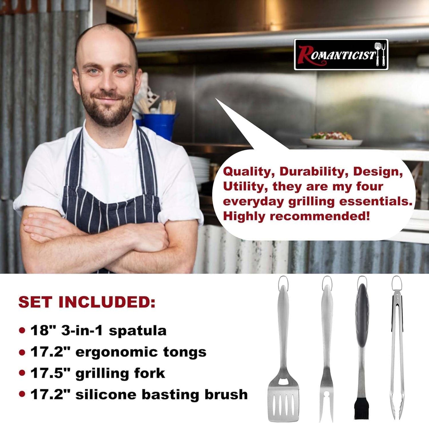 **ROMANTICIST Heavy Duty Grill Accessories Set - Professional BBQ Tools for Outdoor Cooking | 4-Piece Deluxe Gift for Dad**