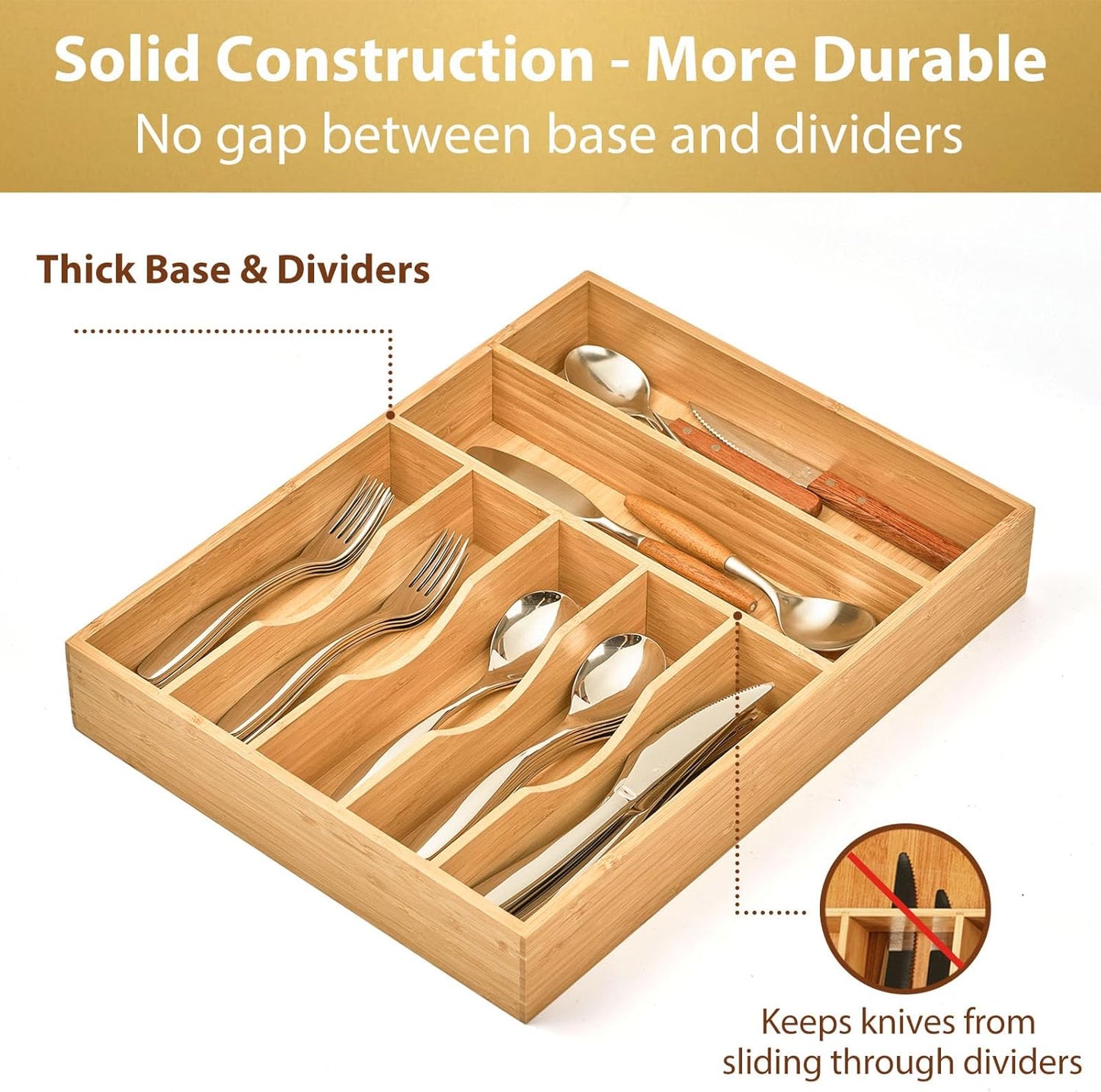 Umilife Bamboo Kitchen Drawer Organizer - Extra Deep 7-Slot Utensil Tray for Flatware | 13 Inch Bamboo Caddy