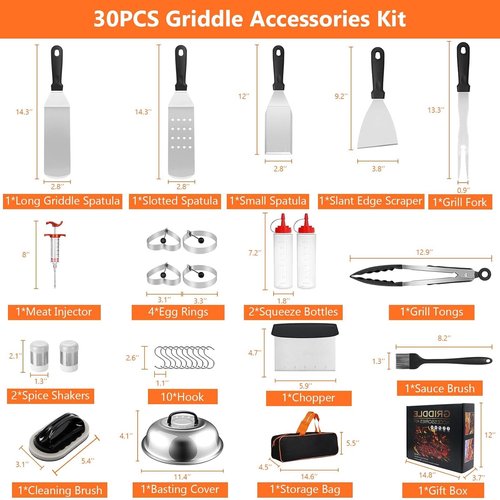 Blackstone Griddle Accessories - 30PCS Grilling Set with Spatula, Basting Cover & Egg Rings for BBQ & Camping