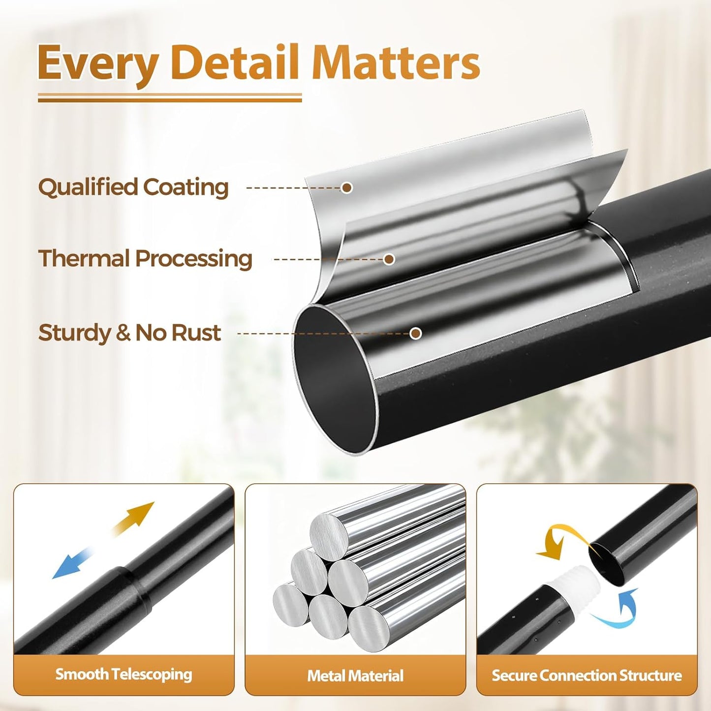 TONIAL Curtain Rod - Telescoping Drapery Rod for Windows 32 to 58 Inches - Elegant Black Finish