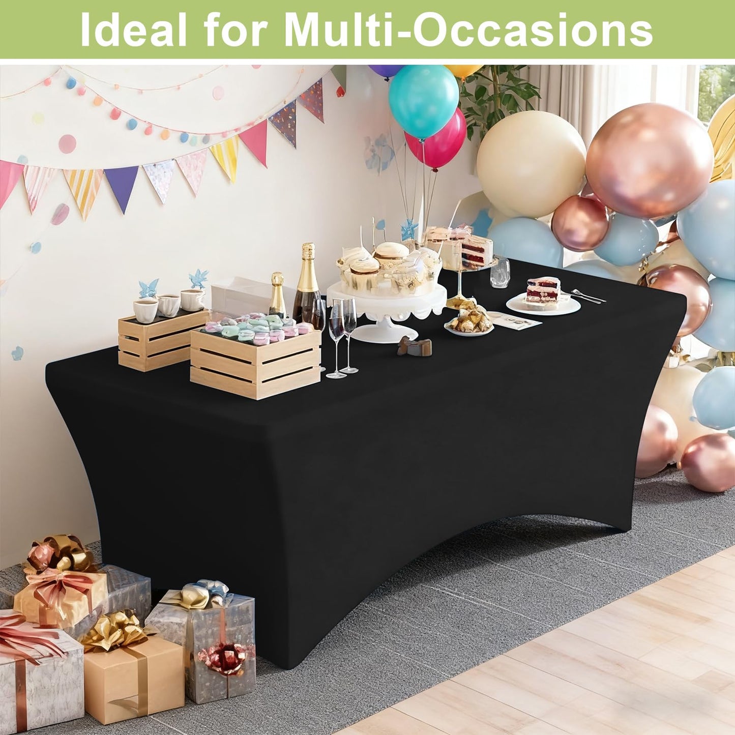 Moosfor Spandex Elastic Fitted 6FT Rectangle Tablecloth, Stretch Washable Reusable Table Cover for Outdoor Picnic, Camping, Dining, Wedding, Banquet & Party Events (Black, 72Lx30Wx30H Inch)