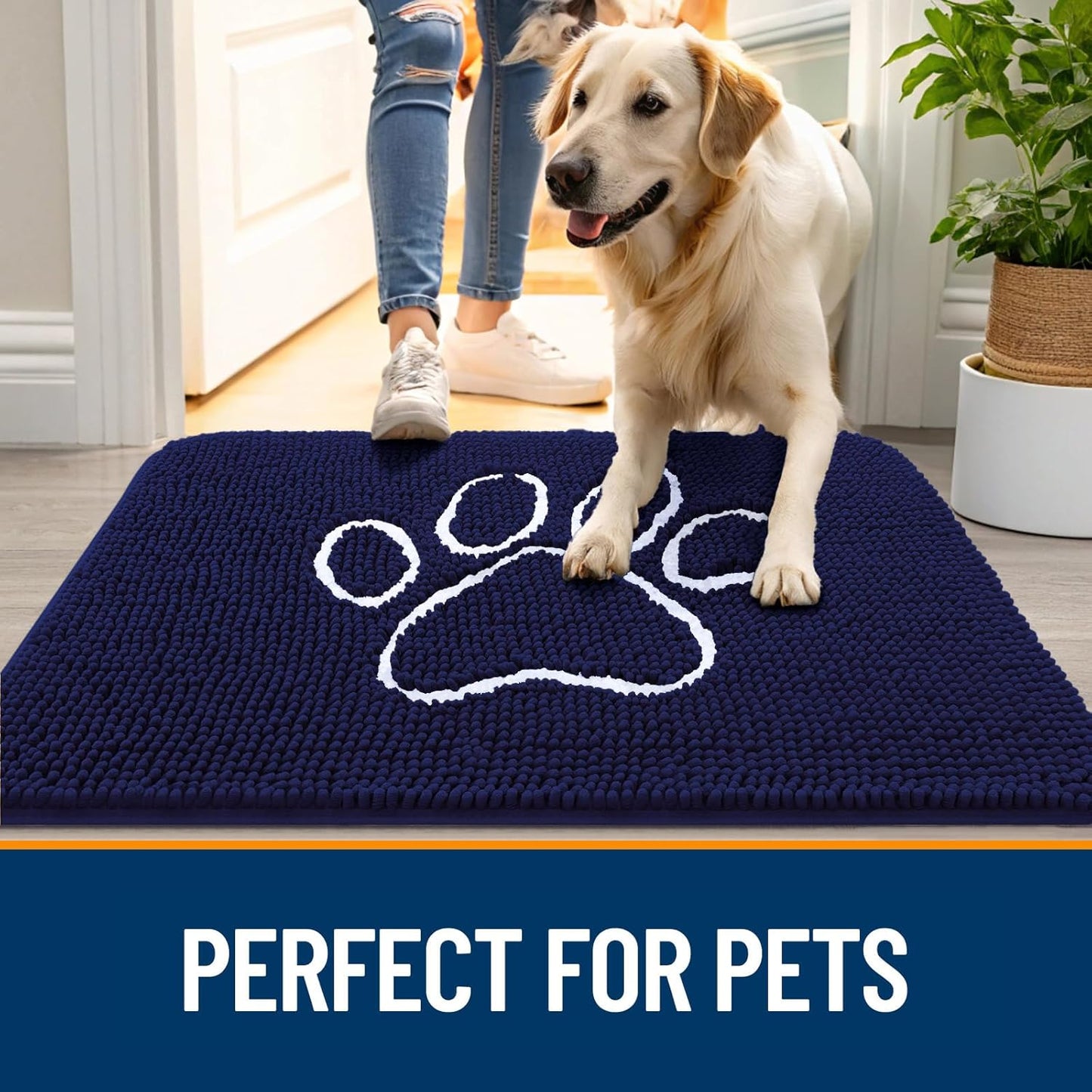 OLANLY Dog Door Mat - Absorbent Non-Slip Mud Mat for Paws | 59x24 Navy Blue Chenille Design