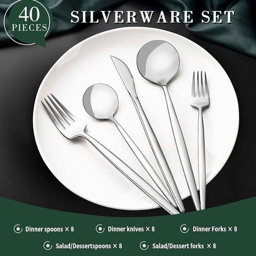 CEKEE 40-Piece Stainless Steel Silverware Set - Flatware Cutlery for 8 | Mirror Polished & Dishwasher Safe
