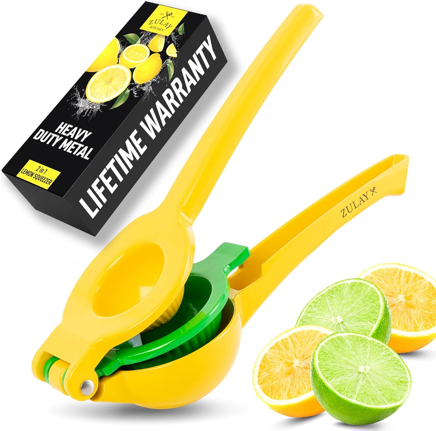 Zulay Kitchen 2-in-1 Lemon Squeezer - Sturdy Hand Juicer for Maximum Juice Extraction | Easy-Clean Manual Citrus Juicer - Yellow/Green
