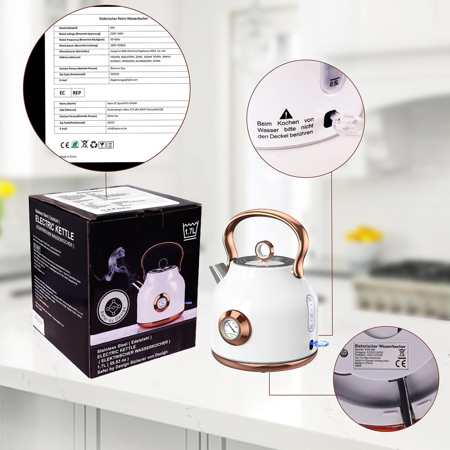 Retro Electric Kettle, 1.7L Stainless Steel Tea Kettle with Large Temperature Gauge, 1500W Fast Heating Hot Water Boiler with LED Indicator, Auto Shut-off & Boil-Dry Protection-Reteo White