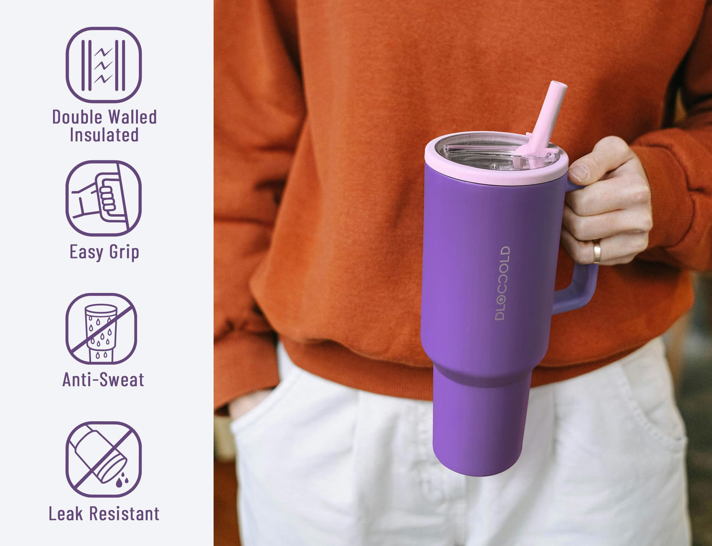 DLOCCOLD 40 oz Tumbler with Handle and Flip Straw, 100% Leak Resistant Leak-Proof Tumbler with Lid and Straw, Insulated Stainless Steel Travel Coffee Mug, Keeps Cold or Hot, Car Cupholder Friendly