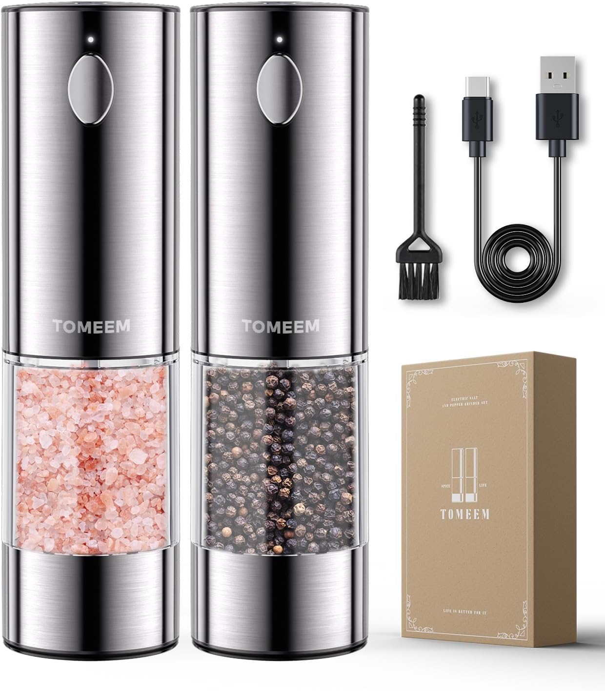 TOMEEM Electric Salt and Pepper Grinder Set - Rechargeable, Stainless Steel with LED Lights | 5 Adjustable Coarseness
