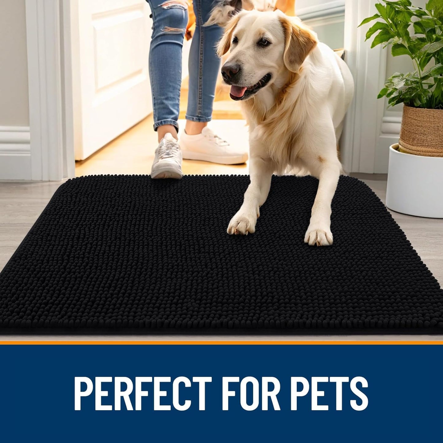 OLANLY Dog Door Mat - Absorbent Non-Slip Mud Mat for Dogs | Quick Dry Chenille, 70x46, Black
