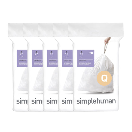 simplehuman Code Q 100 Count, Genuine Custom Fit Liners, Drawstring Trash Bags in Dispenser Packs, 50-65 Liter / 13-17 Gallon, White