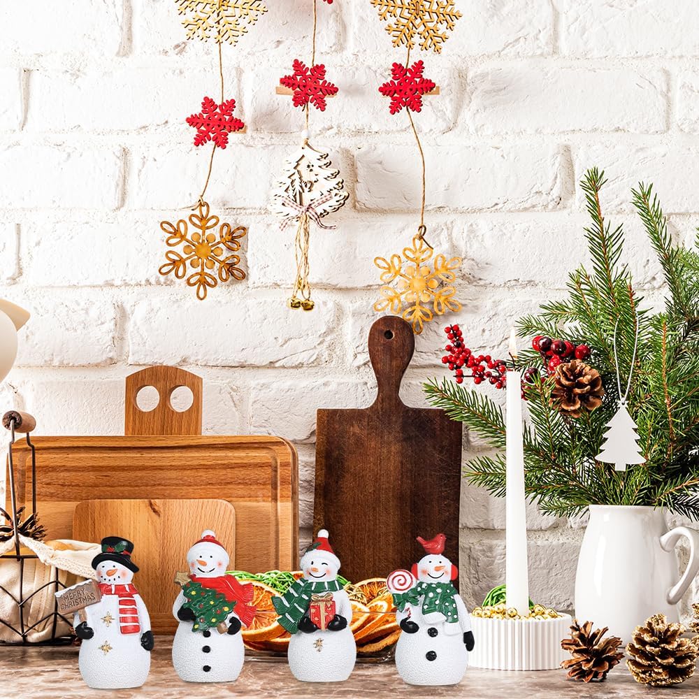 MEETYAMOR Christmas Snowman Ornaments - 4 PCS Rustic Resin Decor for Home & Table Display