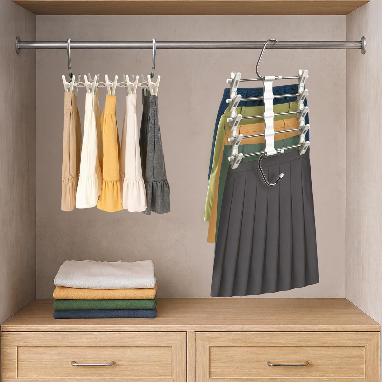 Skiennix Skirt Hangers - Space-Saving Metal Clips for Shorts, Skirts & Pants - 2 Pack Closet Organizer
