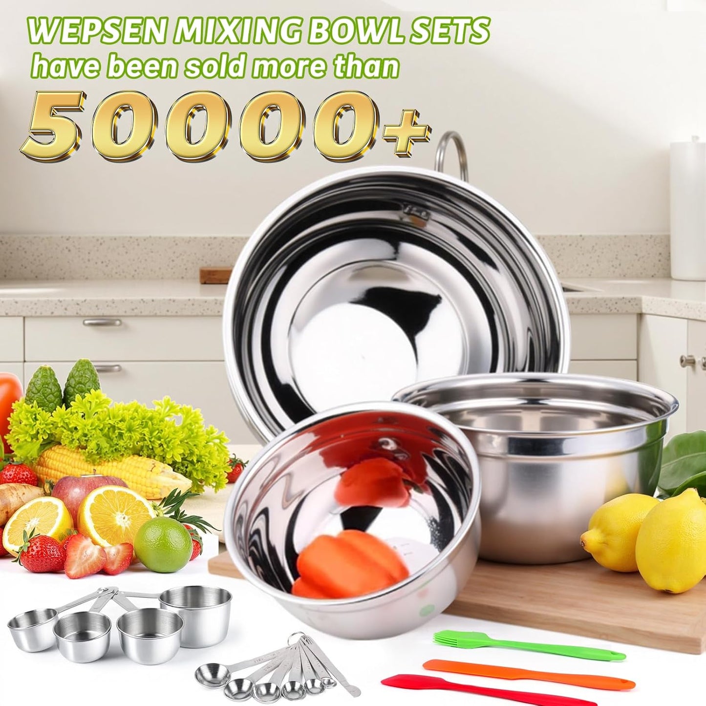 WEPSEN Mixing Bowls Set - 25PCS Stainless Steel Nesting Bowls with Lids & Kitchen Utensils for Baking and Cooking