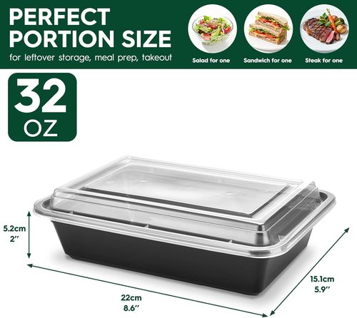 Glotoch Meal Prep Containers - 32oz 50-Pack | Reusable Plastic Bento Boxes for Portion Control, Microwave Safe