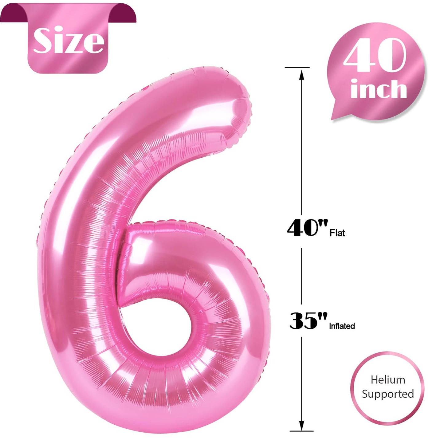 Pink 6 Balloon, Number Balloons 40 Inch, 6th Balloons for Birthday Decorations, Pink Party Supplies 6 Birthday Balloon, Number 6 Balloon