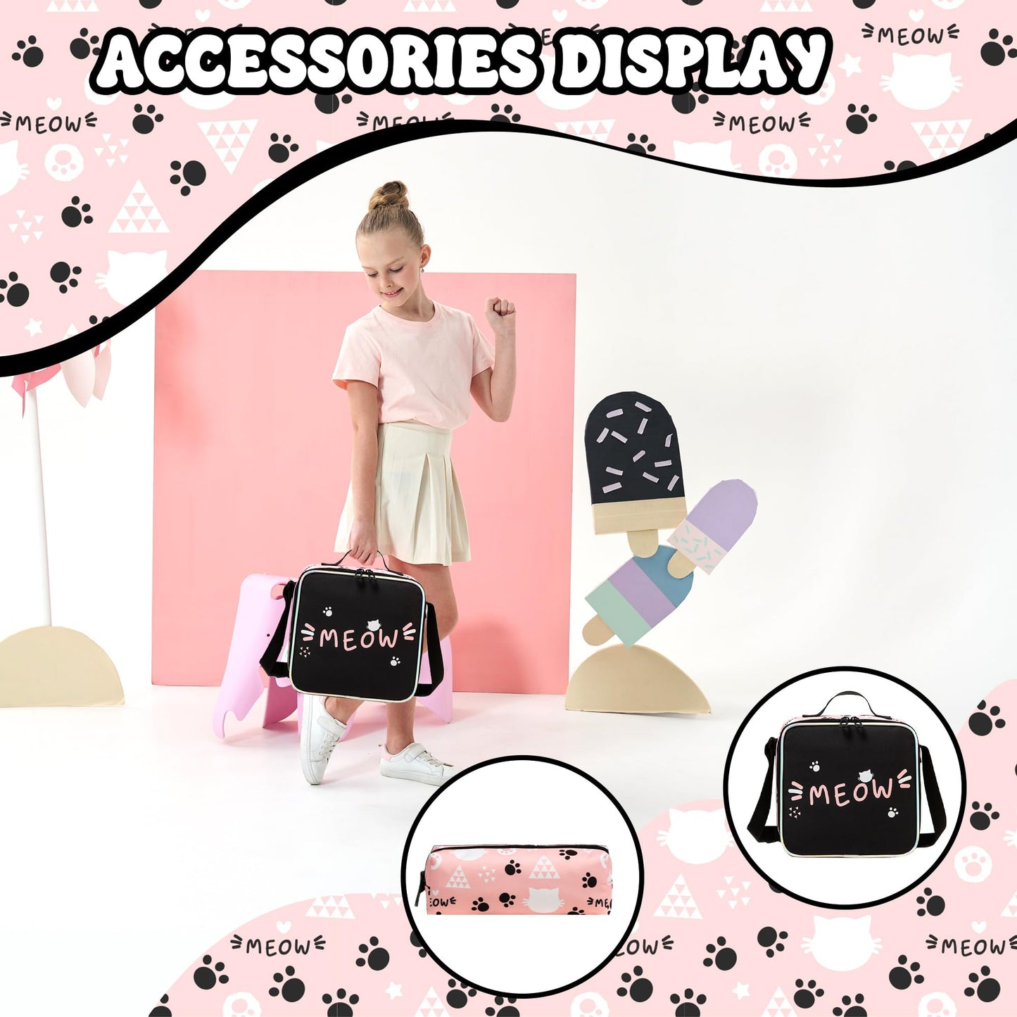 Backpack for School Kids Backpacks for Girls Bookbag Set Backpacks for Teen Girls with Lunch Box Pink Cat Preppy Backpack for School