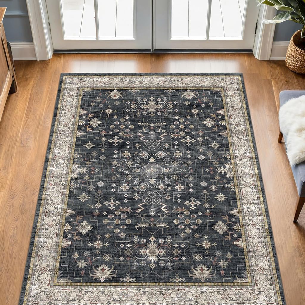 Skiennix Large 3x5 Entryway Rug - Washable Non-Slip Ultra Soft Area Rug for Kitchen & Bedroom | Distressed Boho Geometric Design, Ashen/Multi
