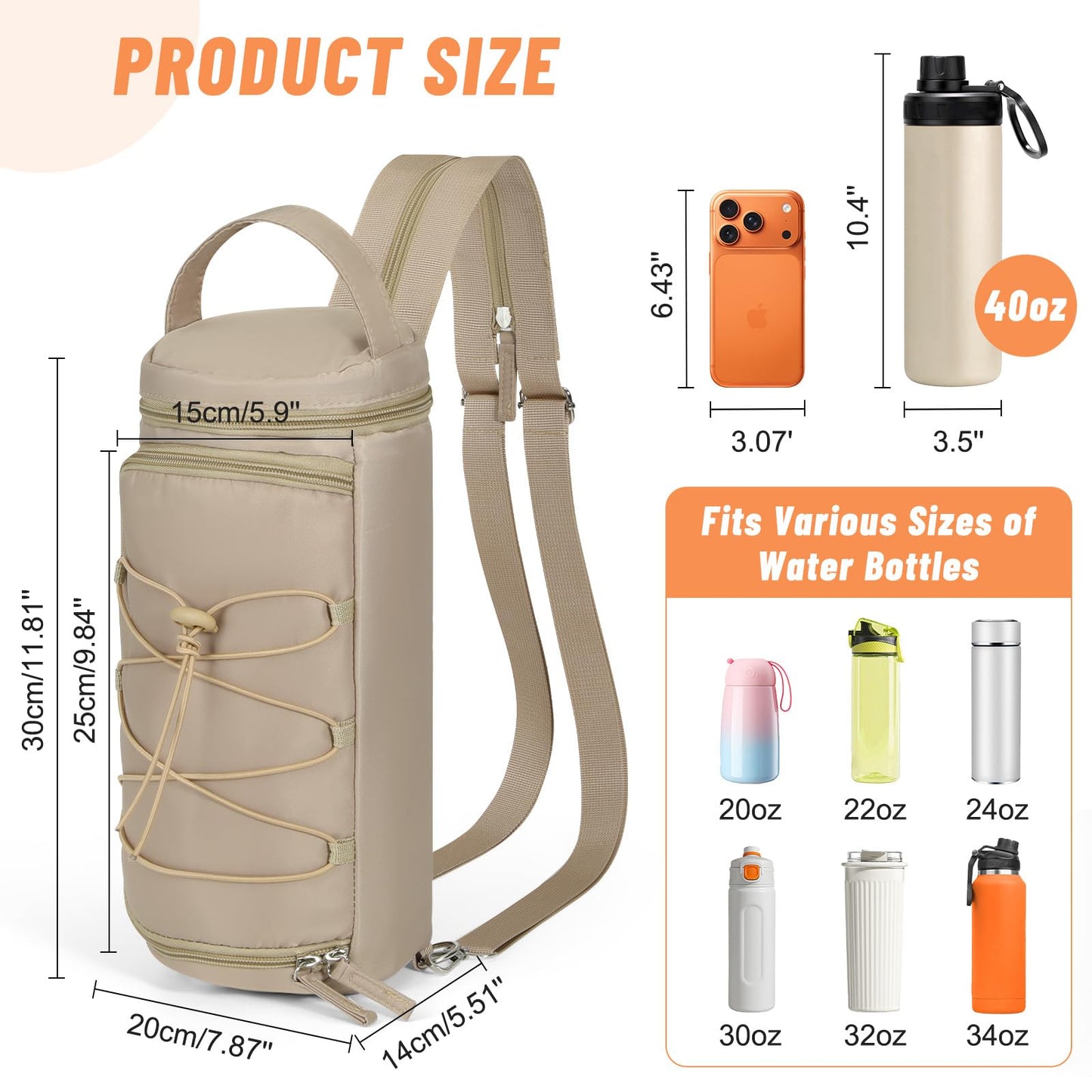 Nuovoware Small Sling Backpack, Sling Bag 25oz/32oz/40oz/50oz Water Bottle Carrier with Zippered Cap, 2 Pockets, Adjustable Shoulder Strap Carrier for Walking Traveling, Camel