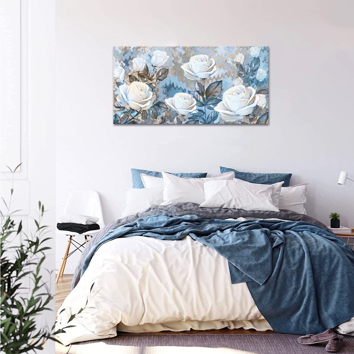 YIKG Living Room Rose Flower Wall Art Blue and White Floral Pictures on Canvas Prints for Home Walls Decor 48x24