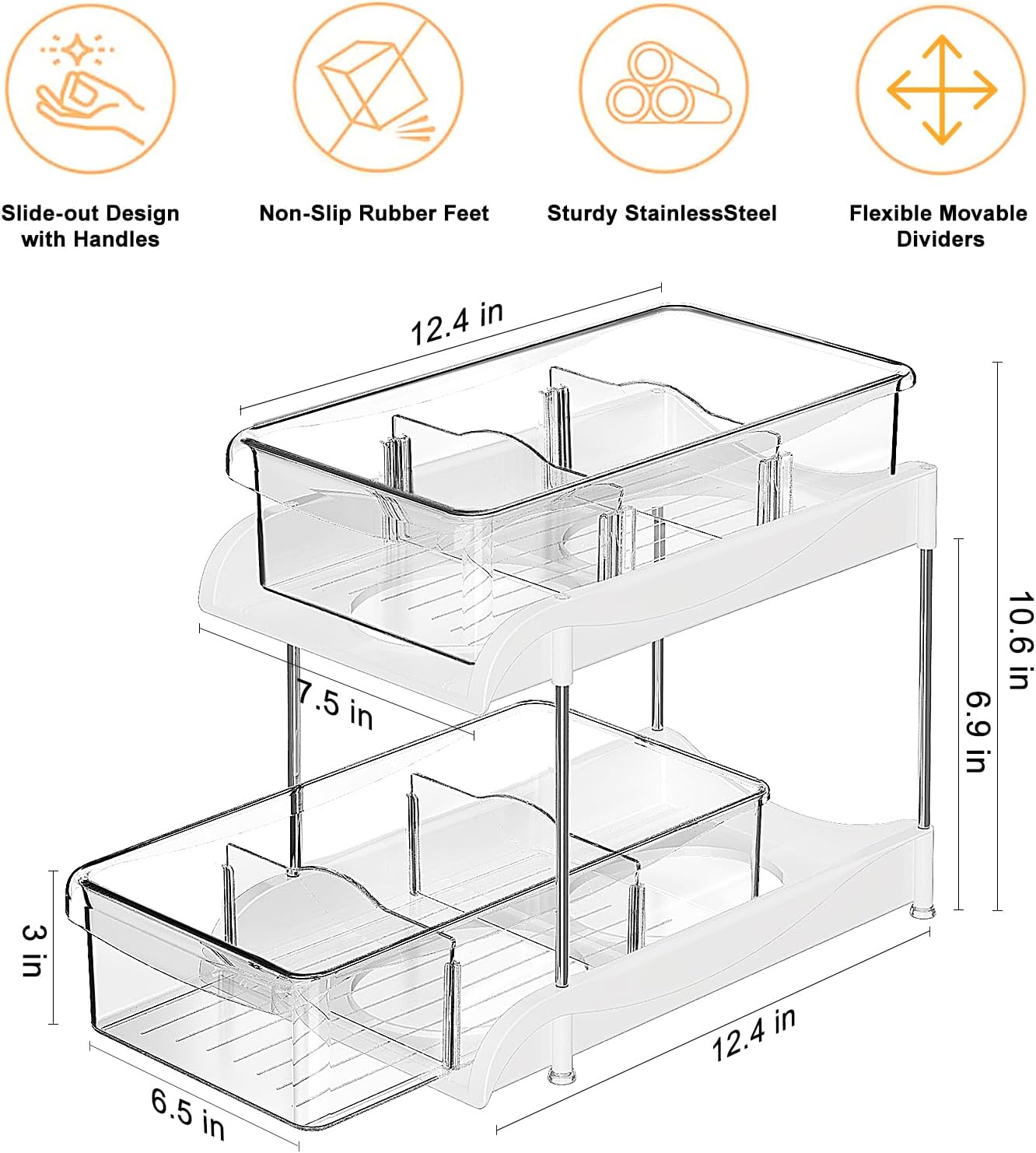 Sevenblue Under Sink Organizer - 2-Tier Kitchen & Bathroom Storage with Sliding Drawer & Hooks | Clear