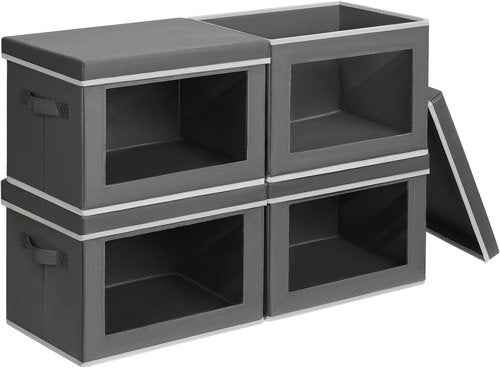 Homsorout Stackable Storage Bins - Medium Foldable Closet Organizer with Lids | 4-Pack Dark Grey