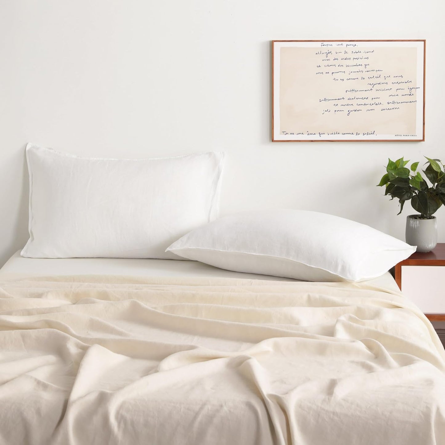 NTBAY French Linen Pillow Cases - 100% Breathable Linen Standard Pillowcases, 20x26 Inches | 2 Pack, White