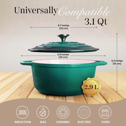 Cast Iron Dutch Oven with Lid – Non-Stick Ovenproof Enamelled Casserole Pot – Sturdy Dutch Oven Cookware – Dark Green, 3.1-Quart, 22cm – by Nuovva