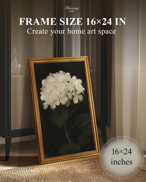 HUARCEY Vintage Wall Art - Gold Framed Flower Canvas Print for Living Room | 16"x24" White Hydrangea