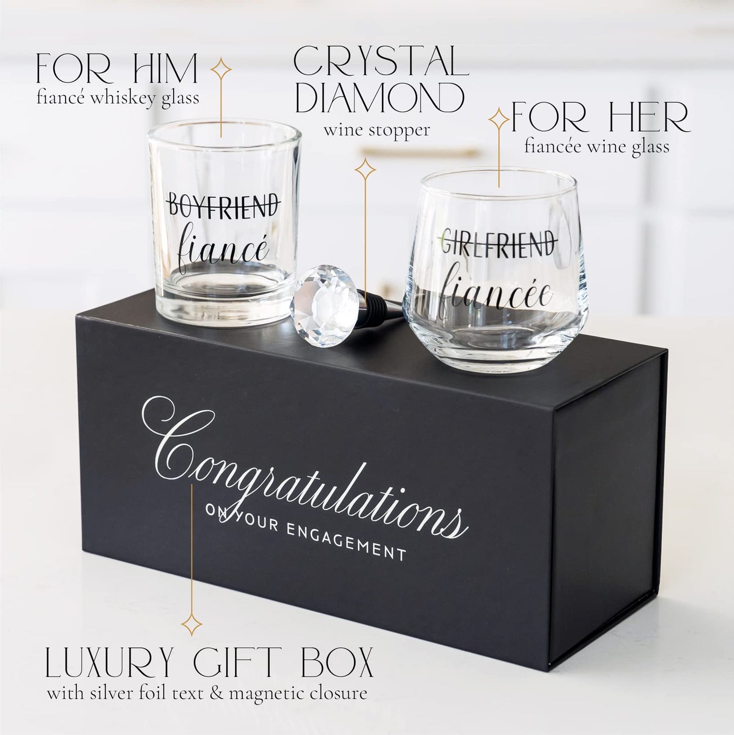 Newlywoo Engagement Gifts for Couples — Engagement Gifts for Newly Engaged Couples, Unique Fiance Gifts for Him or Her! Whiskey Wine Glasses with Diamond Wine Stopper