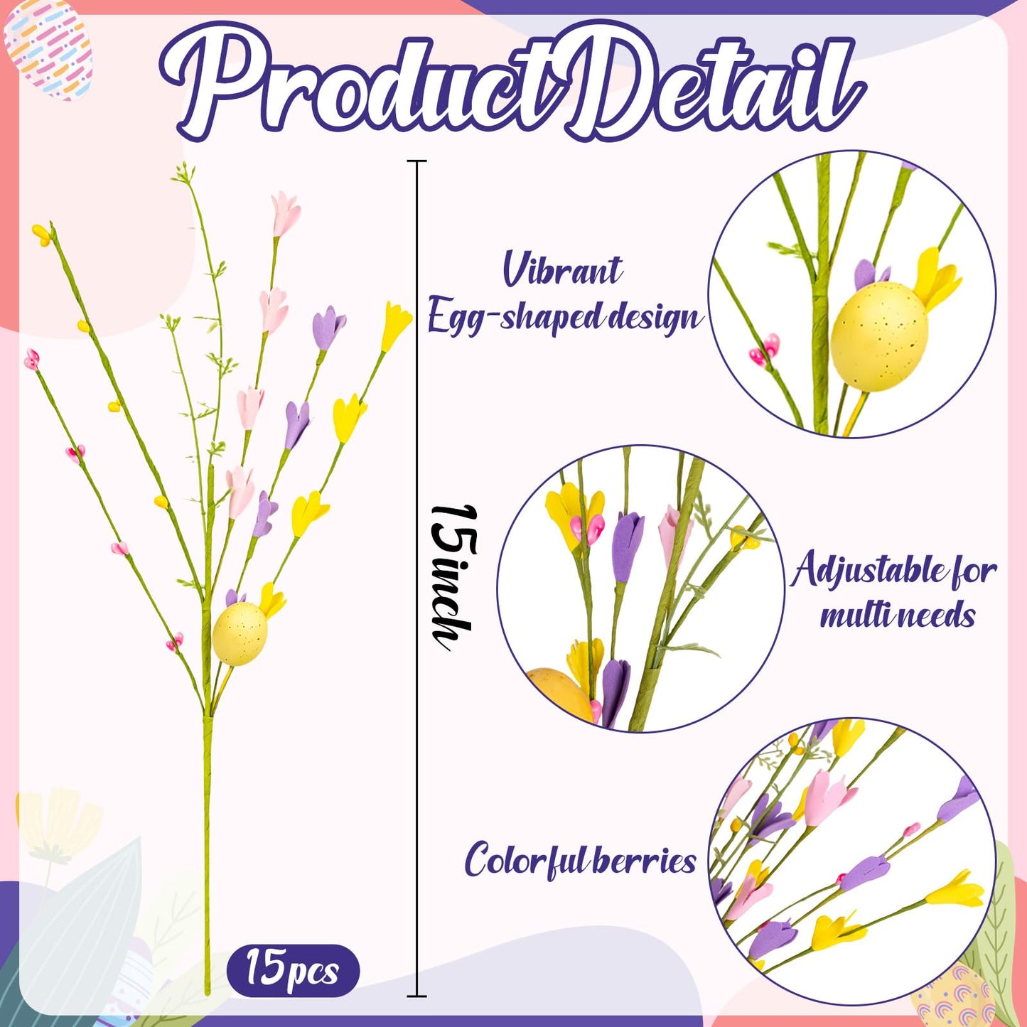 Yen Jean 15PCS Easter Decorations Egg Picks - Spring Artificial Floral Stems Decor Flowers Arrangement for Home Vase Table Centerpiece