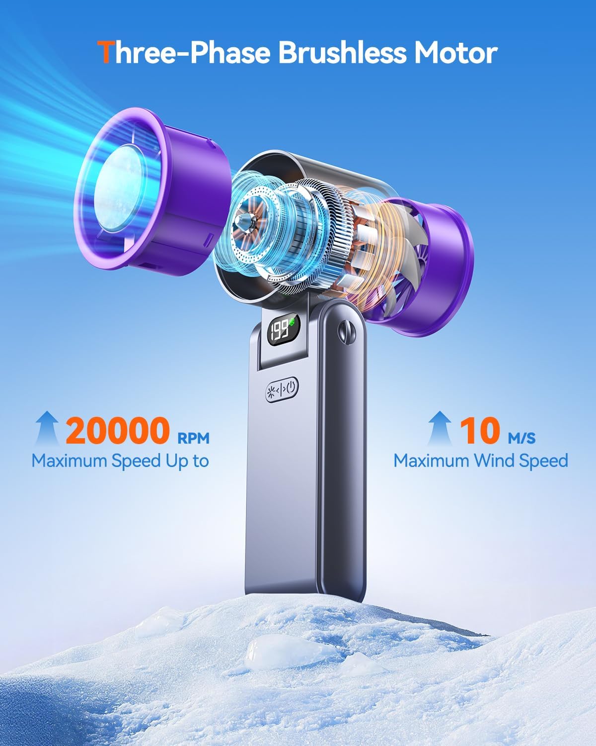 Skiennix Portable Handheld Turbo Fan - 199 Speed Personal Cooling Fan | 20H Rechargeable Battery, Grey Purple