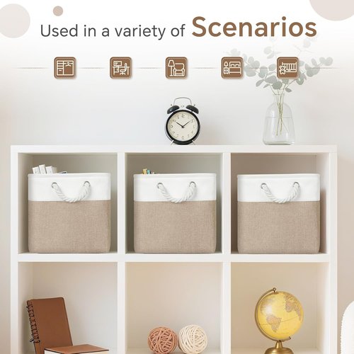 FinishingBo Fabric Storage Cubes - 6 Pack 11x11 Inch Bins with Handles for Home & Office | White/Khaki