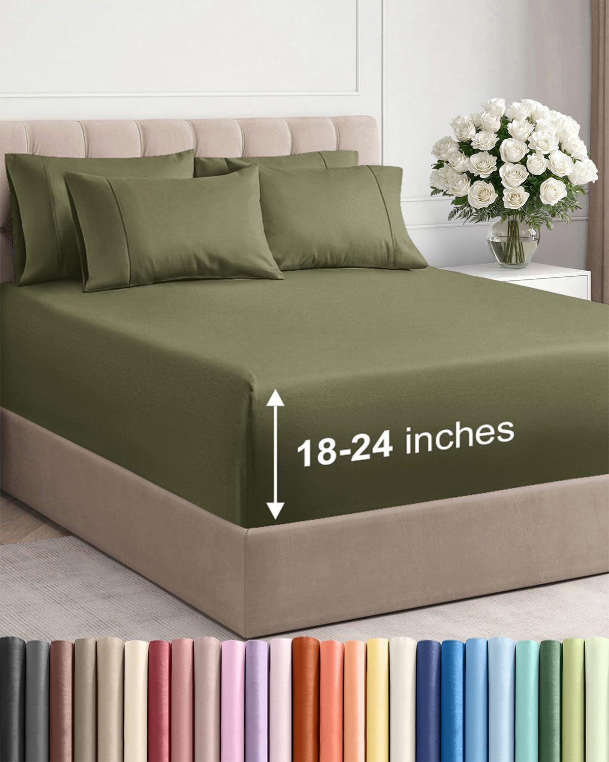 Skiennix Extra Deep Full Sheet Set - 6 Piece Breathable Cooling Bedding - Soft Wrinkle-Free Sage Green