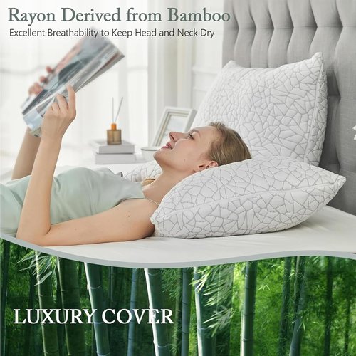 BPC Premium Rayon Bamboo Firm Pillows - Hypoallergenic Shredded Memory Foam | Queen Size Set of 2
