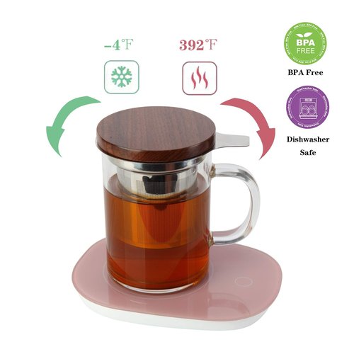 COMI Tea Cup with Infuser Walnut Lid&Handle, Glass Tea Cups with Wide Mouth Extra Large Capacity, Stainless Steel Tea Infuser Mug for Loose Leaf Tea Steeping(14oz/400ml)