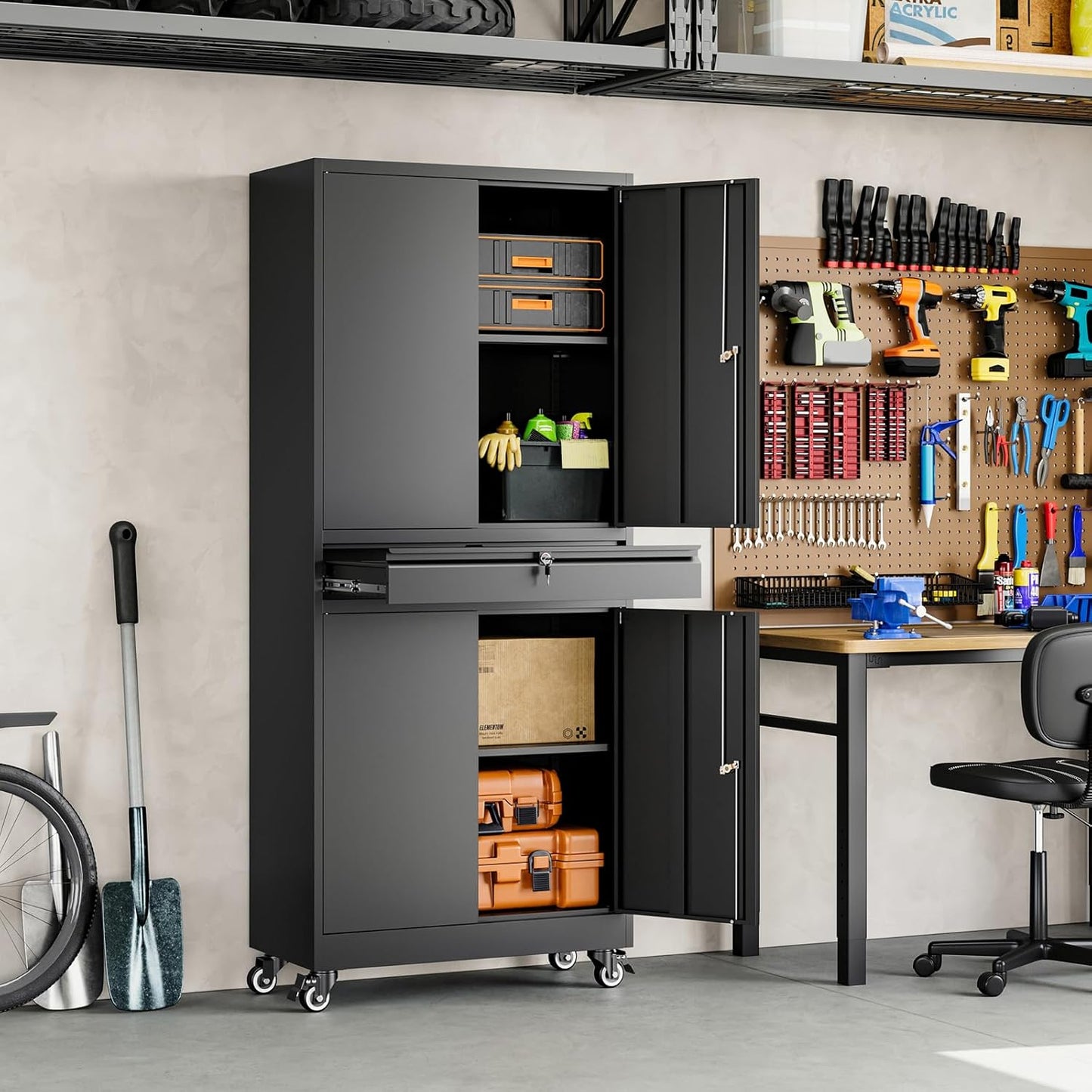Yizosh Metal Garage Storage Cabinet - Locking Doors, Adjustable Shelves & Rolling Design | 73" Black