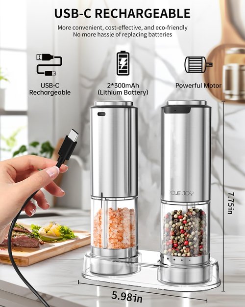 CIRCLE JOY Rechargeable Electric Salt and Pepper Grinder Set - Stainless Steel Mills with LED Light & Adjustable Coarseness, Silver