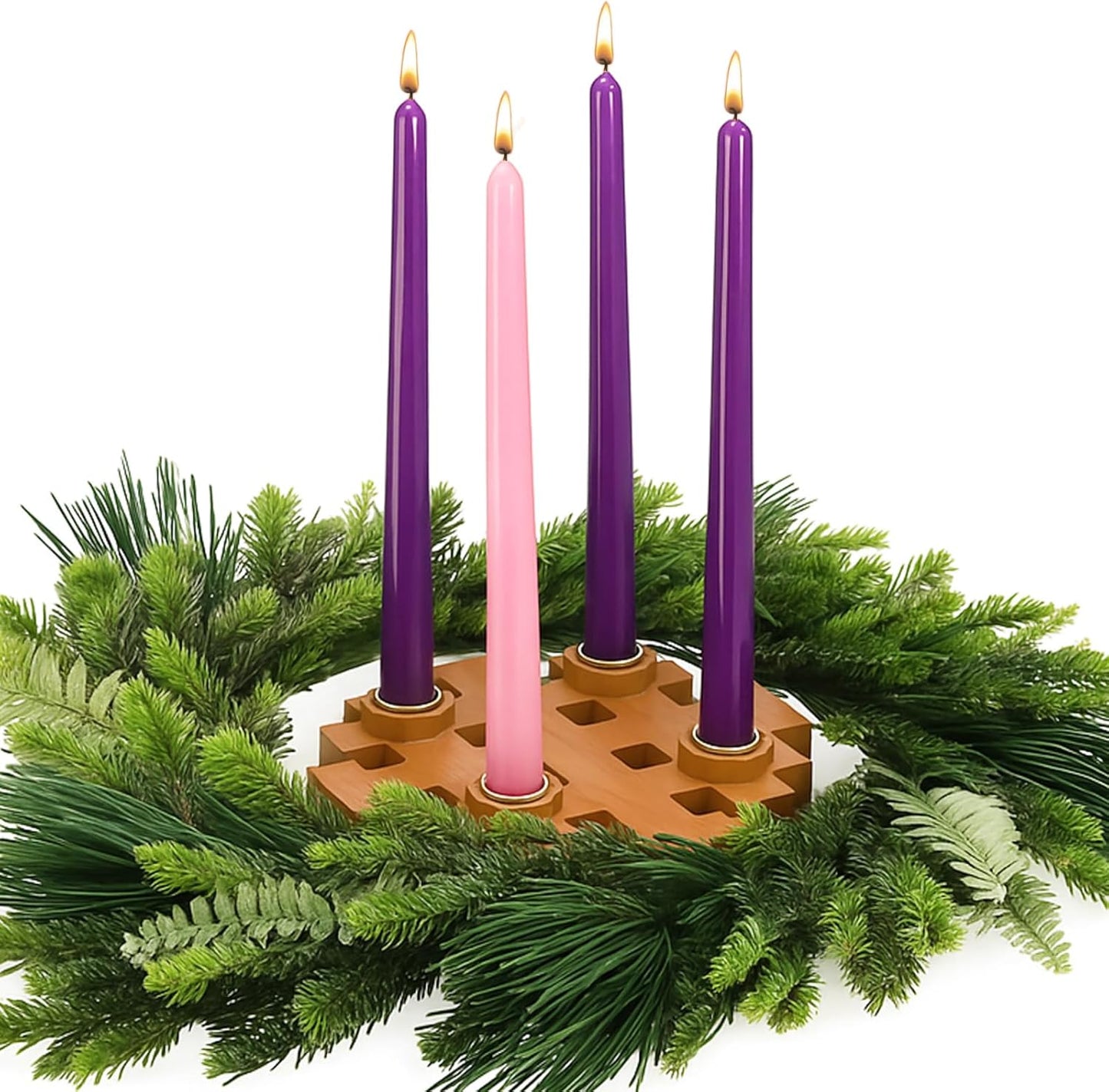Mumufy Advent Candle Holder Set - 5 Pcs Snowflake Wooden Centerpiece with Purple & Pink Taper Candles
