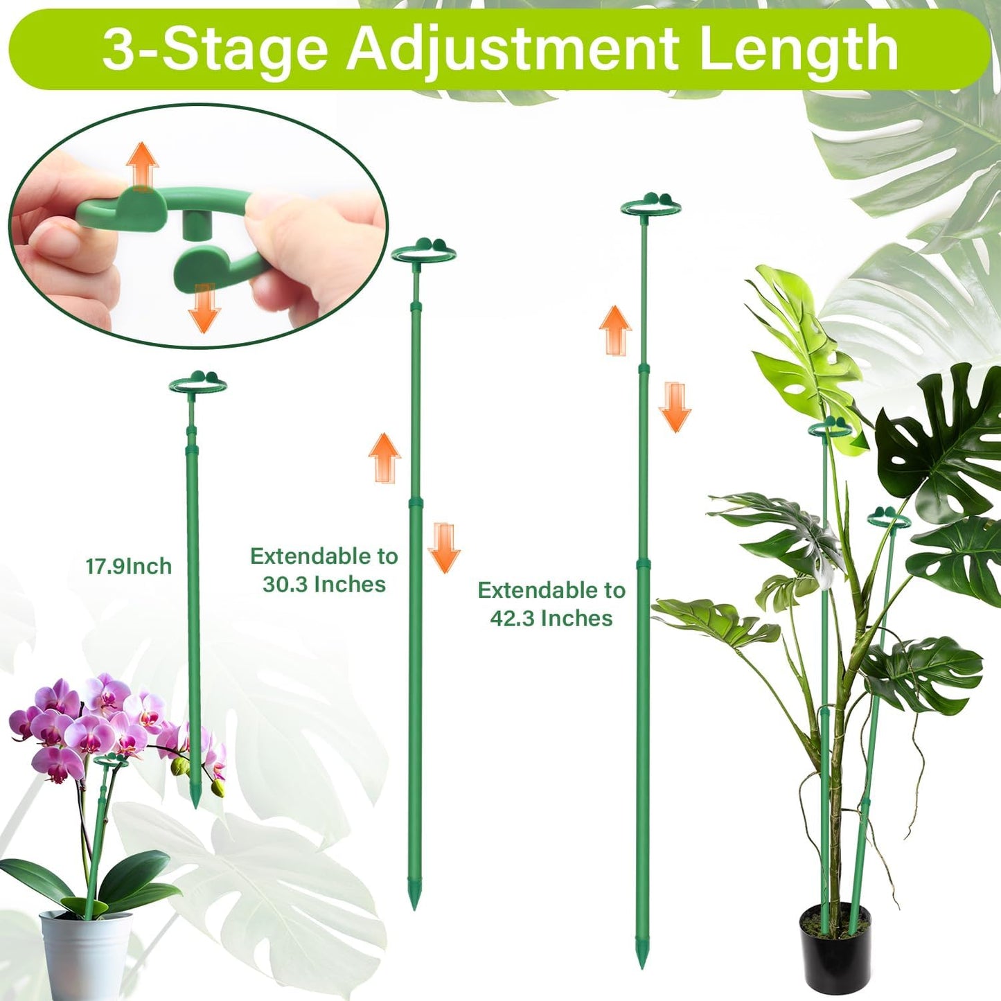 Skiennix Extendable Plant Stakes - Adjustable 17.9" to 42.3" Support for Monstera & Climbing Plants | 3-Pack