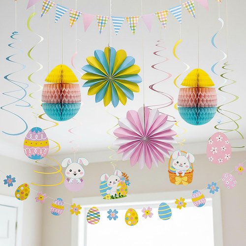 Easter Decorating Kit, 17-Piece Set with Hanging Paper Fans, Swirls, Garland, Banner and Honeycomb Eggs for Holiday Parties, Classrooms and Church Events