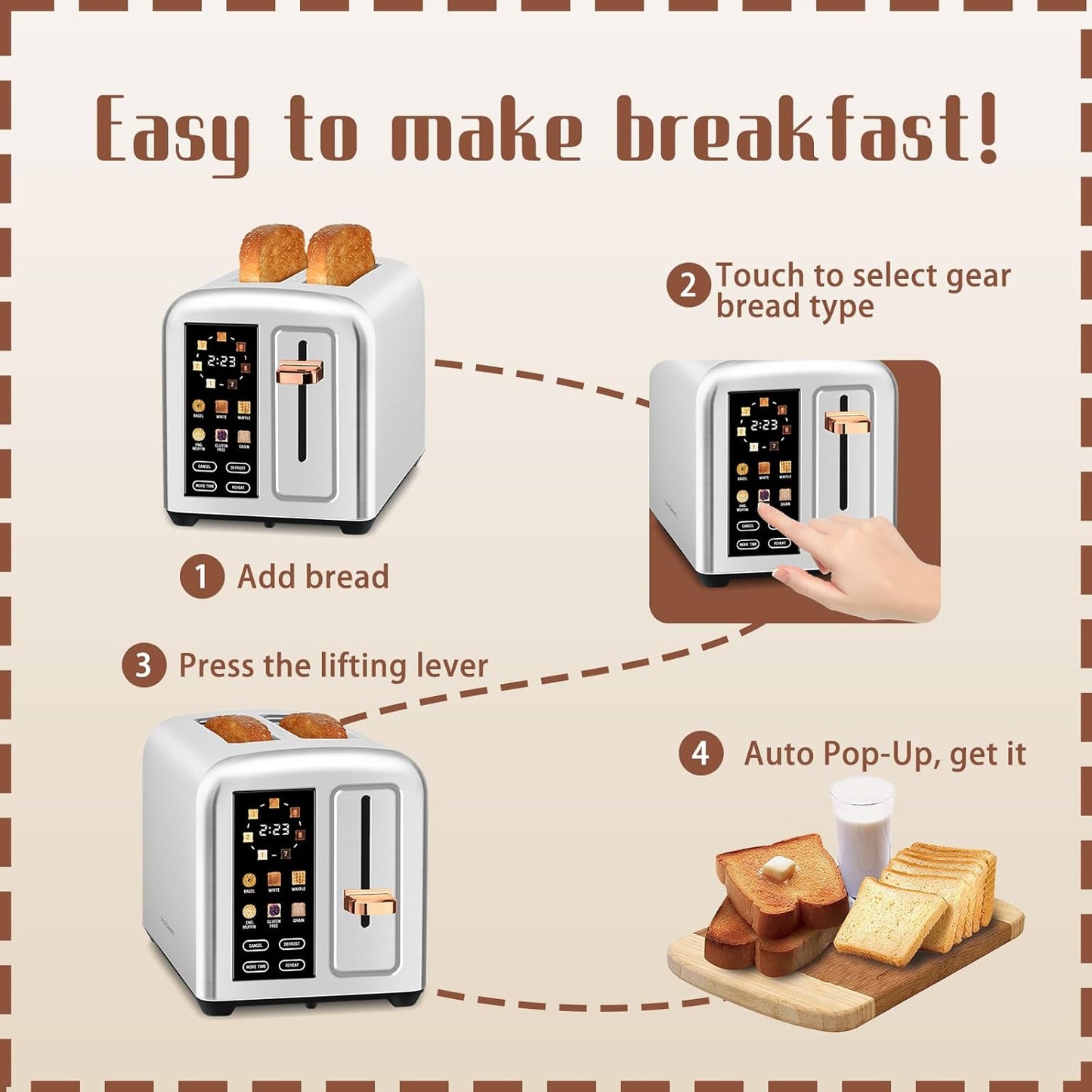 SEEDEEM 2-Slice Toaster - Touch Screen, Faster Heating, 7 Shade Settings, 1.5” Wide Slots, Silver Metallic
