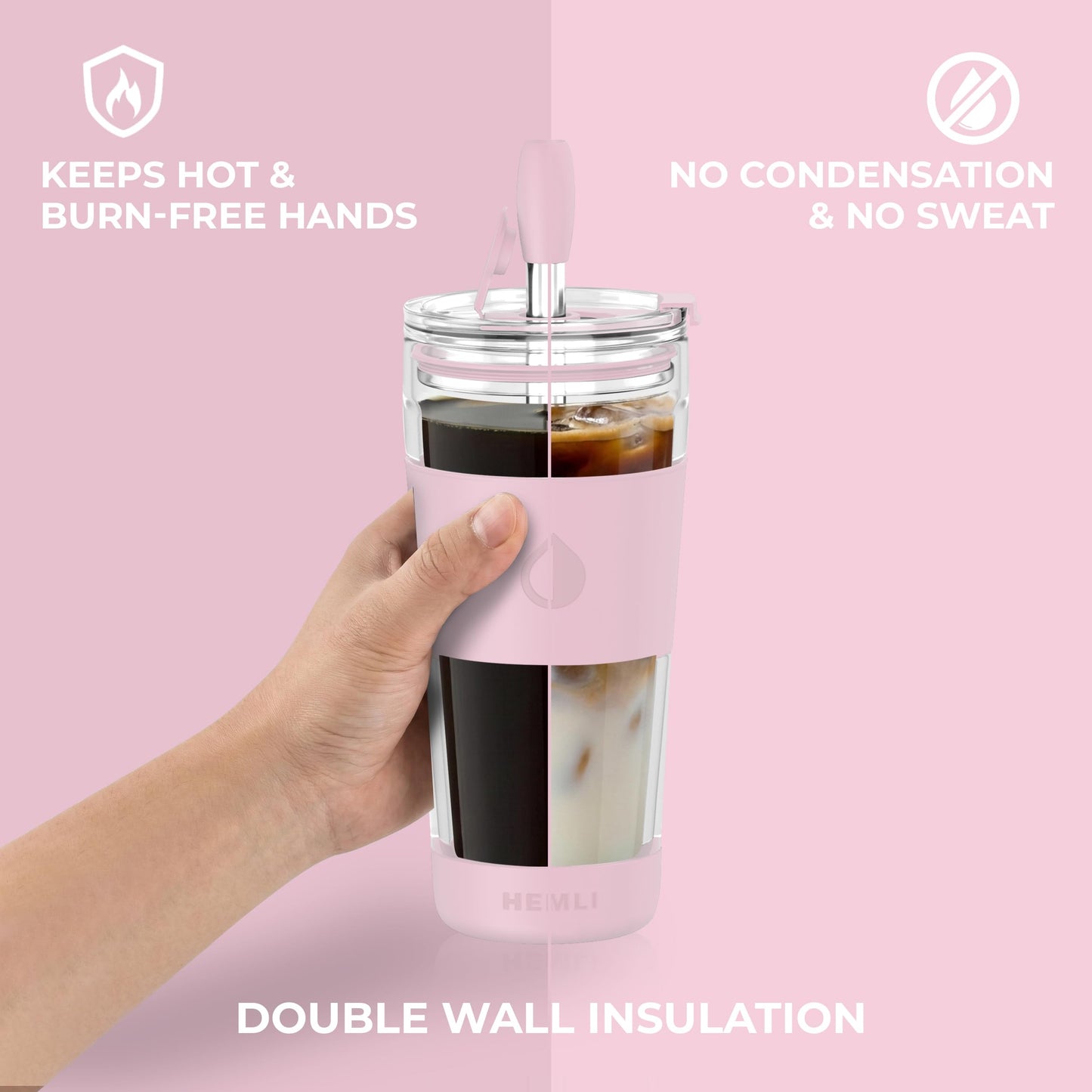 Hemli 19 oz. Double Wall Glass Coffee Tumbler, To Go Travel Mug with Lid, Portable Glass Thermos with Straw, Reusable Cup, Tea, Smoothies, Ice Coffee, and Boba