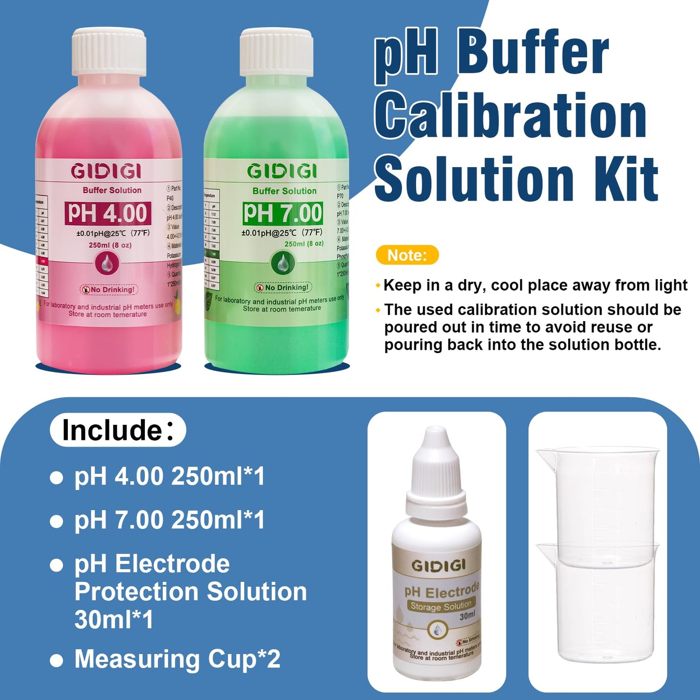 pH Meter Calibration Solution Kit,Includes 4.00, 7.00 and Electrode Protection,Calibration Buffer 250ml*2,Probe KCL Storage 30ml*1, pH Meter Accessories